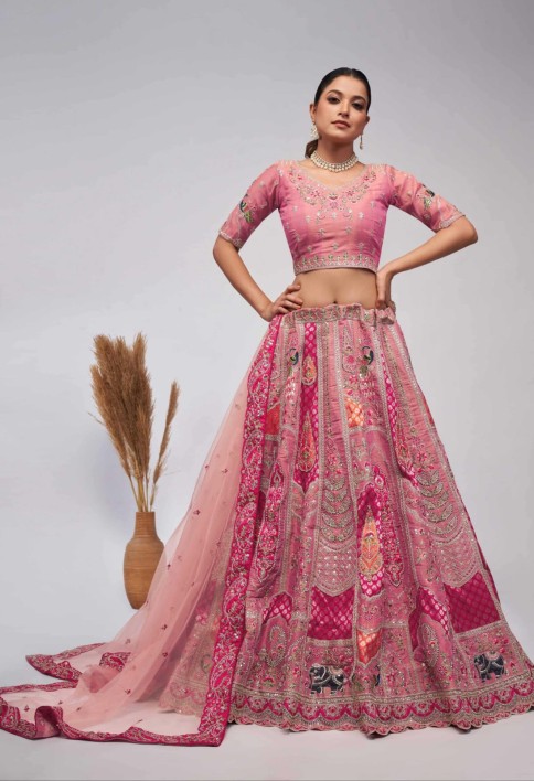 Pretty Pink paisley Motifs traditional embroidered wedding Lehenga